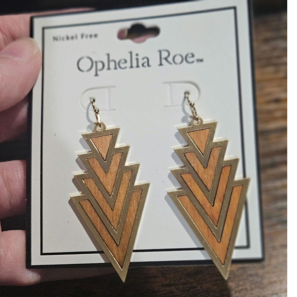 Ophelia Roe Gold Tone Wood Geometric Drop Earrings Nickel Free NWT Deadstock